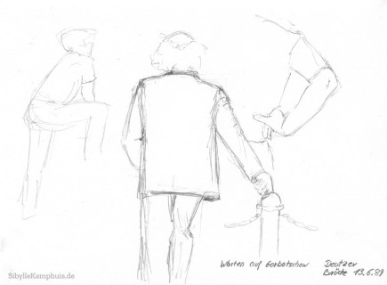 Zeichnung | Bleistift | Wartende Menschen an der Deutzer Brücke | zum Besuch von Gorbatschow in Deutschland | 1989